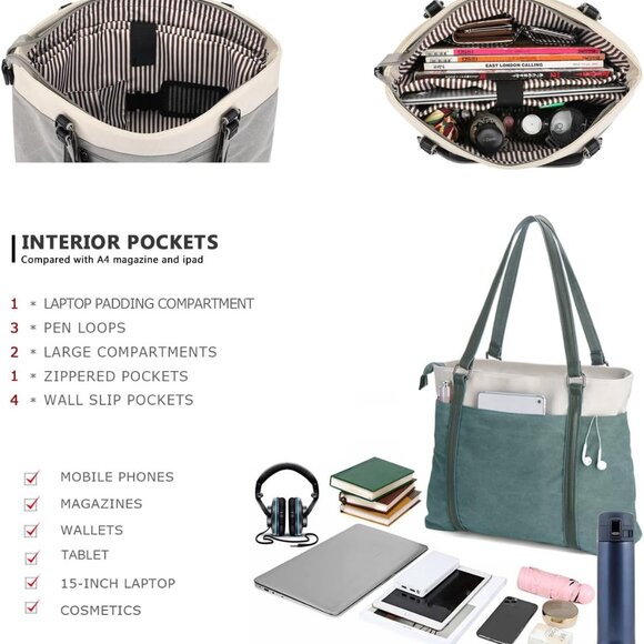 Women's Work Bag with Laptop Compartment Zipper Pockets Teacher Totes Purse - Picture 4 of 6